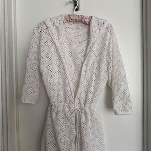 White Crochet Hooded Cover-Up with Drawstring Waist
